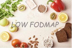 A group of low Fodmap diet. Fruits, vegetables, greenery, nuts, beans, flax seeds, chia seeds, and wholegrain bread